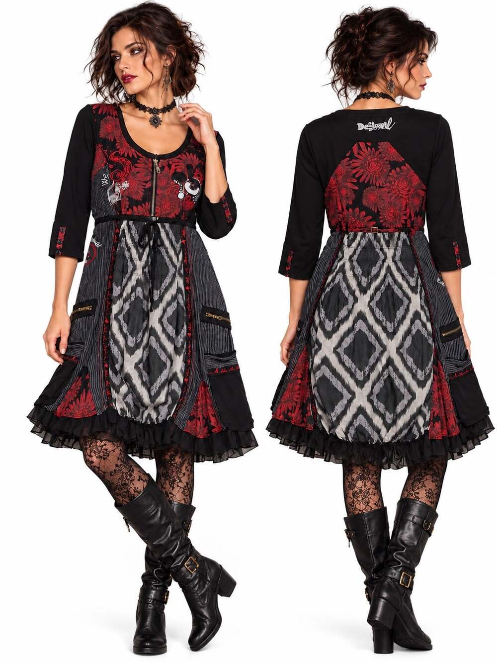 Desigual Abeth Dress Black Red Patchwork Size 38 US 8 Artsy Whimsygoth Lagenlook